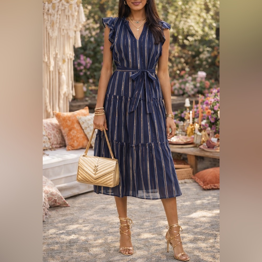 Sold locally 
Adelyn Rae Navy and White Striped Midi Dress